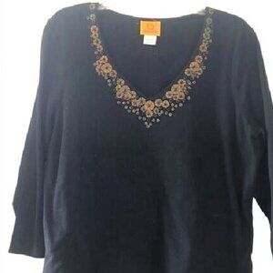 Ruby Rd. Top Black V-Neck Large Embellished 3/4 Sleeve Shirt